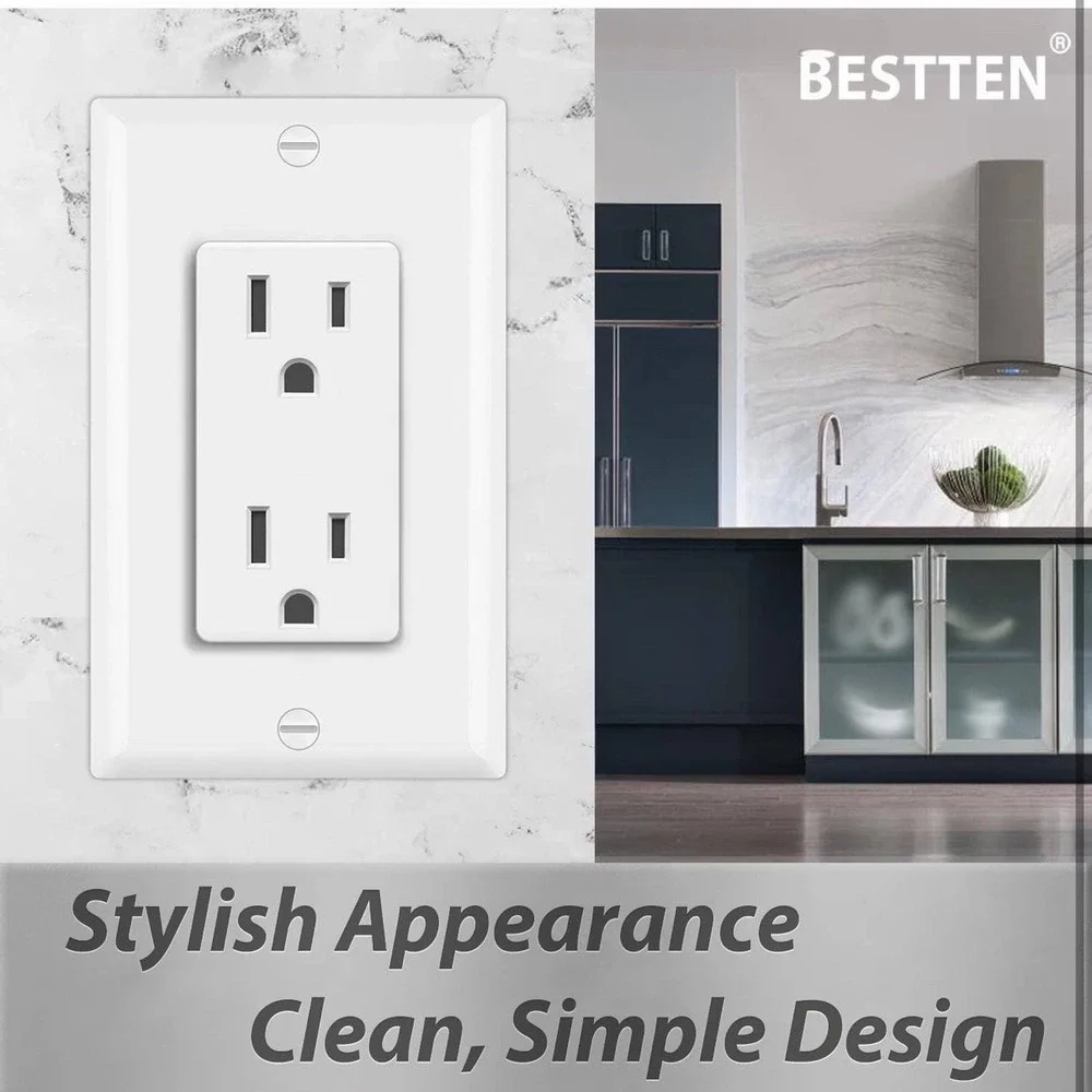 BESTTEN 30 Pack 15 Amp Decorator‎ Receptacle Outlet w/ Screwless Wall Plates